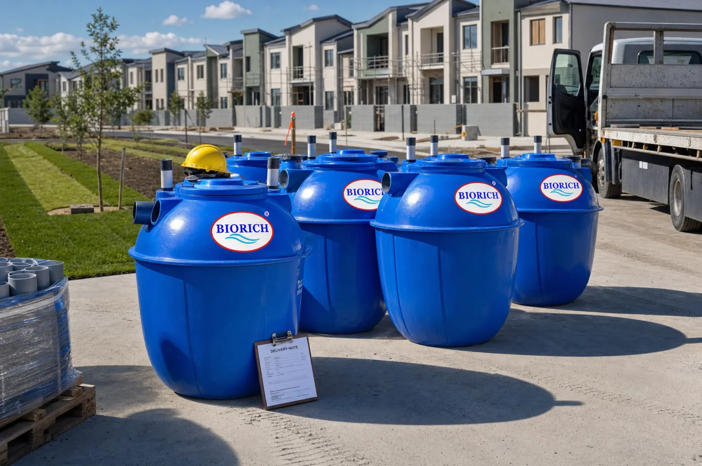 Septic tank fiberglass BIORICH diantar dan siap dipasang di kompleks perumahan modern